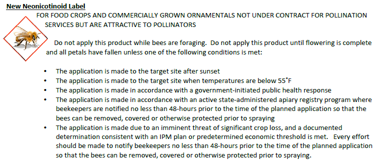 Neonicotinoid label requirements for bee health from EPA
