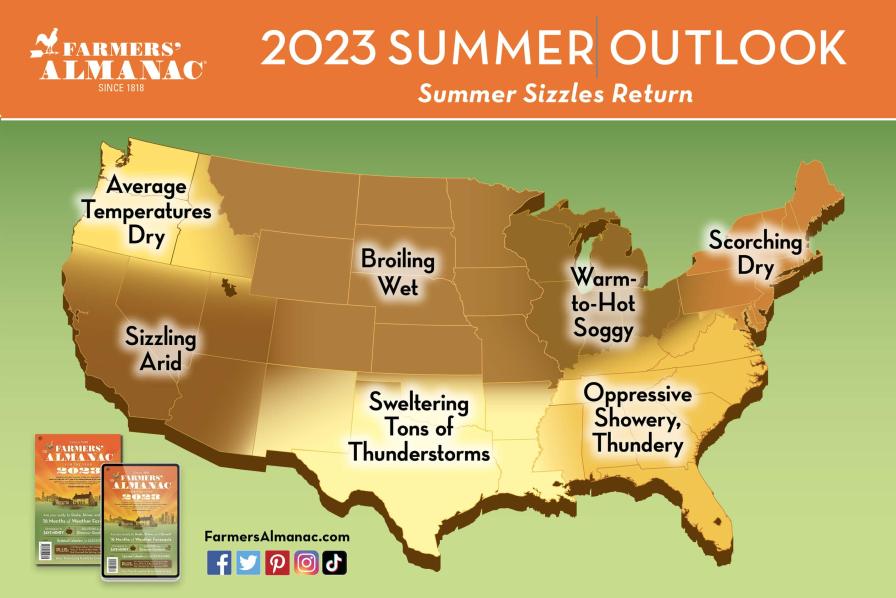 Farmers' Almanac Summer 2023 forecast map