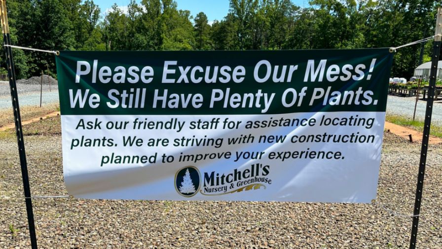 Mitchell's Nursery sign announcing work in progress new greenhouse at Dalton Rd. garden center location