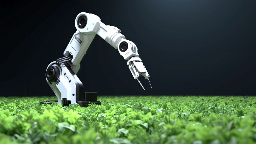 Smart robotic farmers concept 3D illustration depicting smart agriculture technology