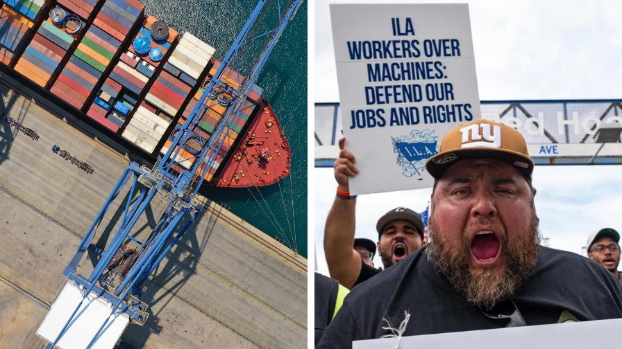 A top-down image of an industrial cargo container ship being loaded at a port (Left) and striking workers in Brooklyn for the International Longshoremen's Association (Right)