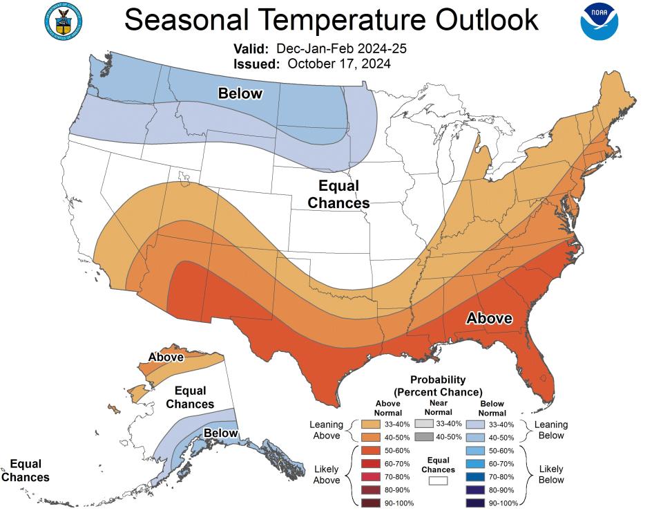 NOAA 2024-2025 winter temperature outlook map