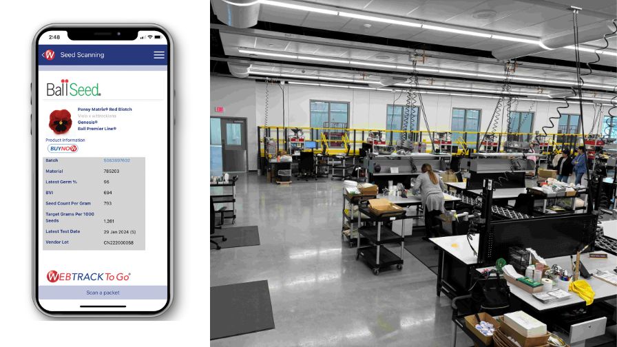 New product packaging labels on a smartphone (L) and West Chicago operations building (R)