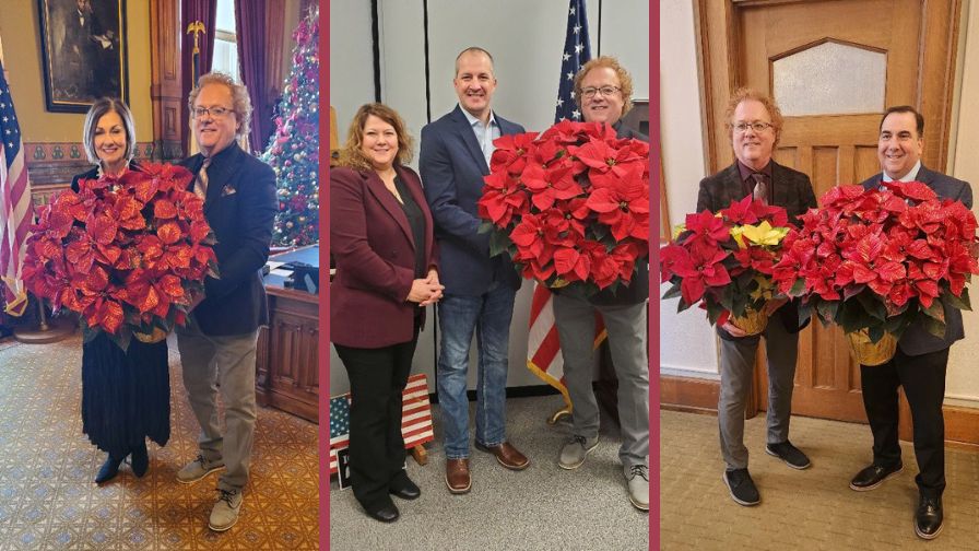 PlantPeddler owner Mike Gooder delivering poinsettias to (Left to Right) Iowa Governor Kim Reynolds, Iowa Secretary of Agriculture Mike Naig, and ISU Dean of the College of Agriculture Dr. Dan Robison