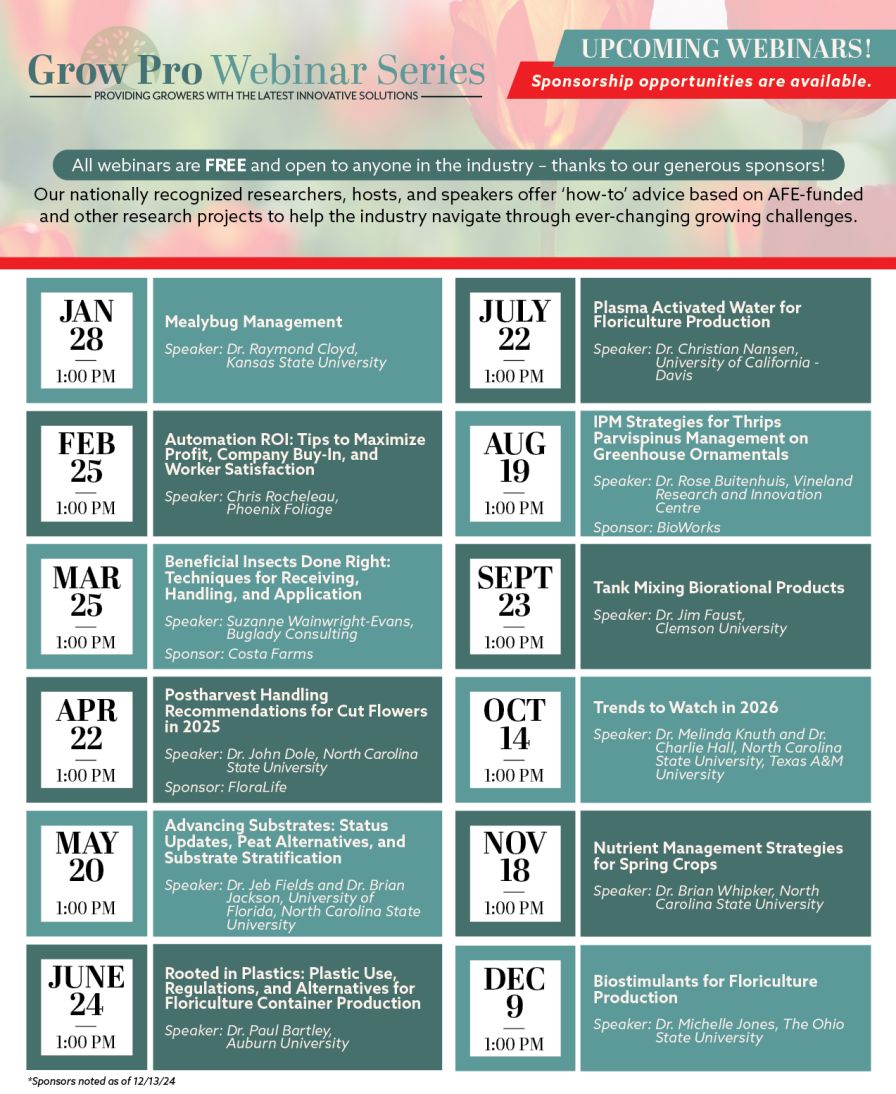 2025 Grow Pro Webinar Series calendar schedule from American Floral Endowment