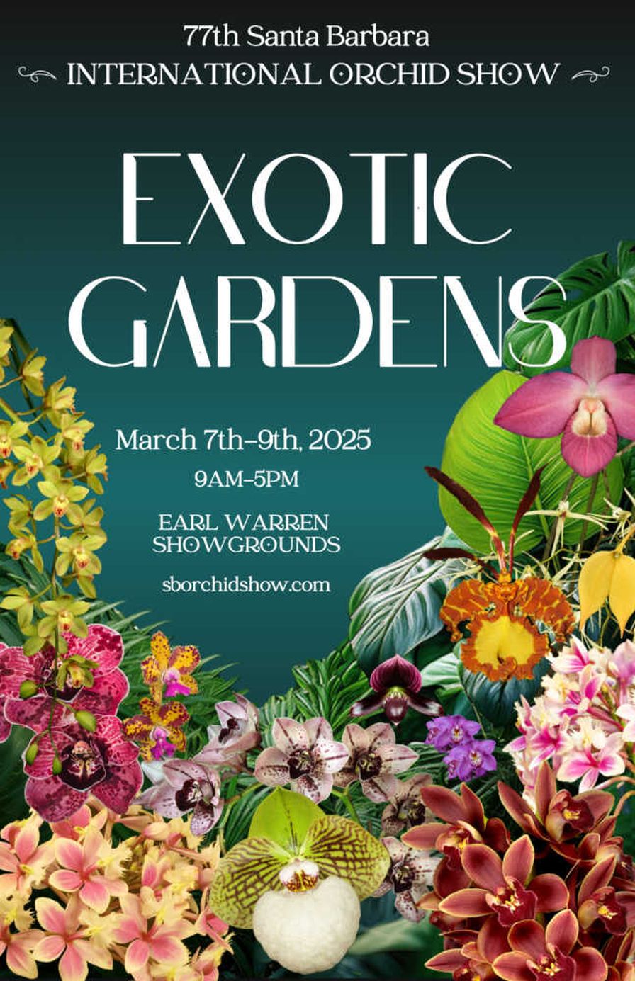 The 77th Santa Barbara International Orchid Show with theme 'Exotic Garden's banner and infographic