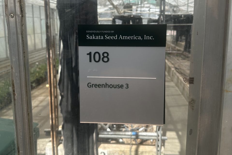 Sakata Seed America's Greenhouse 3 Room 108 dedication plaque at the Howard C. Brown Horticultural Greenhouse Complex.