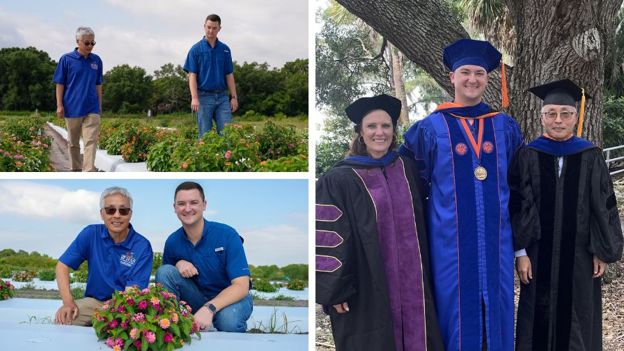 (Clockwise from top left) Deng and Brooks examining lantana in the field, Brooks at graduation with Wilson and Deng, and Den and Brooks posing with lantana.