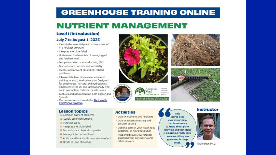 An infographic for the upcoming Nutrient Management 1 course as part of the 2025 Greenhouse Training Online program from the University of Florida.
