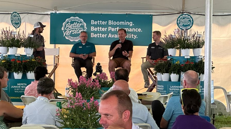 A panel of experts presented during Darwin Perennials Day, hosted by The Gardens at Ball in West Chicago, IL. The panel, moderated by Bill Calkins, Product Marketing Manager at Ball, included (from left) Chris Fifo, Produce Representative for Darwin Perennials; Drew Koschmann, Head Grower at Walters Gardens, and Dr. Nathan Jahnke, PhD, Culture Research Manager for Ball Seed.