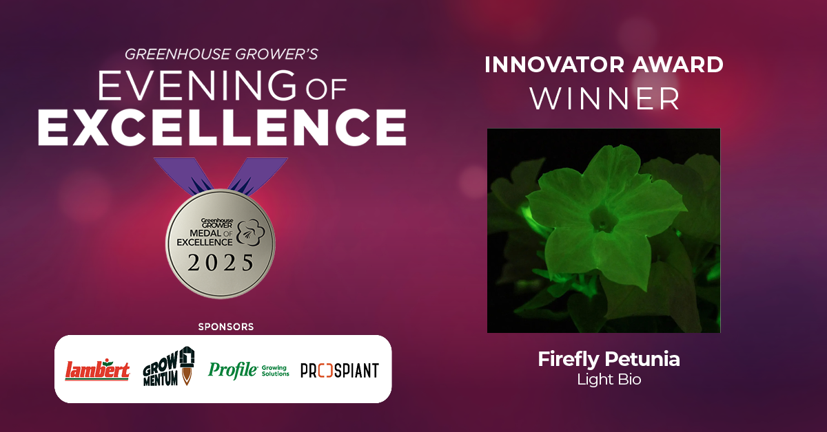 Evening of Excellence at Cultivate'25, Medal of Excellence Innovator Award, Firefly Petunia from Light Bio.