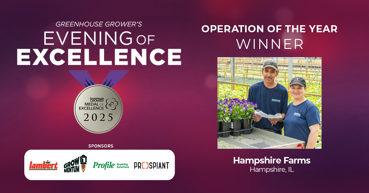 Evening of Excellence at Cultivate'25, Medal of Excellence Operation of the Year, Hampshire Farms.