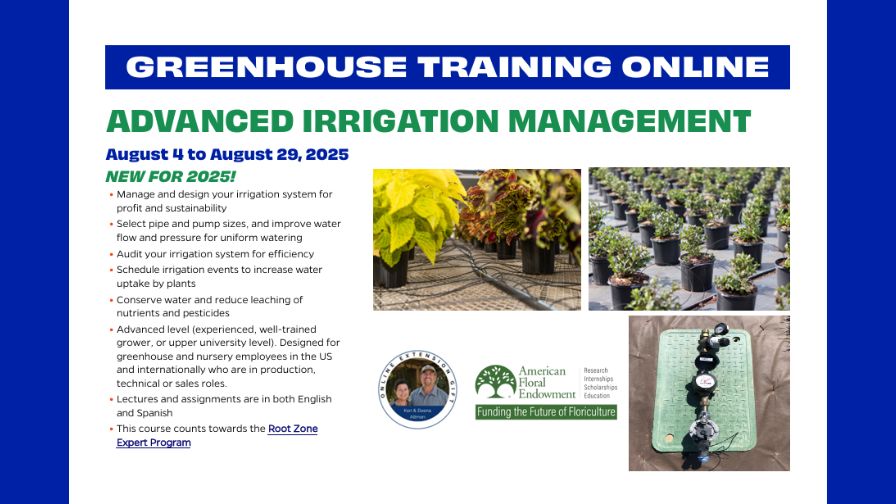 An infographic for the upcoming Advanced Irrigation Management course as part of the 2025 Greenhouse Training Online program from the University of Florida.