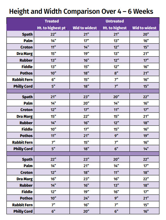 Height and Width Comparison Over 4 – 6 Weeks - microbial amendments on plants.