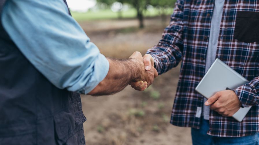 A close up shot of ranchers handshake in walnut orchard.