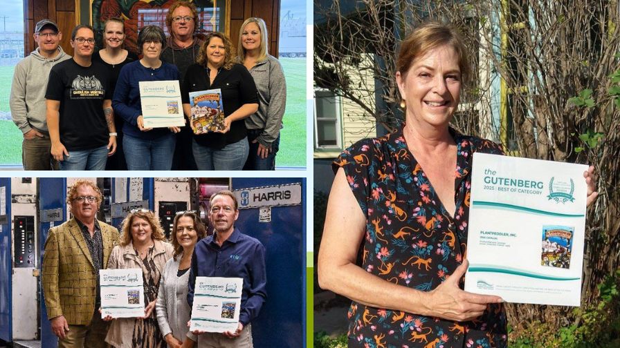 (Clockwise from top left) The Plantpeddler Catalog team, Deb Paulson of Zelda Graphics, and CPC Priting ((Left to right) Mike Gooder, Stacy Bryant, Monica Olivers, and Jason Lund).