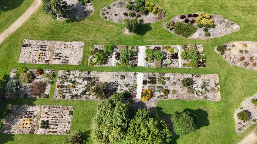 Drone-level shot of the trial gardens at Iowa Arboretum.