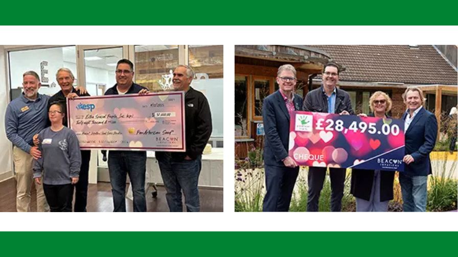 2025 Beacon® Impatiens charity checks delivered to esp Inc. (Left) and Greenfingers Charity (Right).