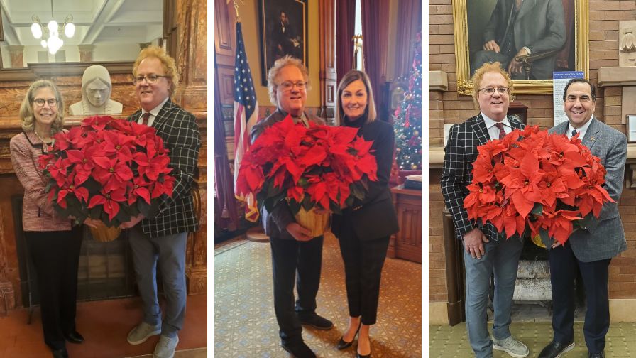 (Left to right) Deliveries on National Poinsettia Day 2025 to ISU President Dr. Wendy Wintersteen, Iowa Governor Kim Reynolds, and ISU Dean of the College of Agriculture Dr. Daniel Robison.