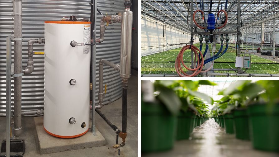 (Clockwise from left) BioTherm’s pre-engineered Irrigation Tempering Skid, boom in propagation with a D14MZ2 injector, and BioTherm Flood Floors.
