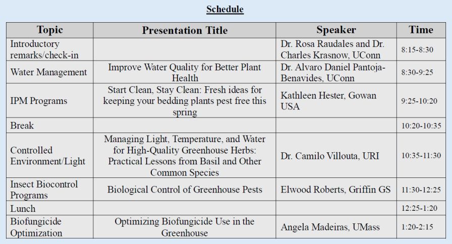 The 2026 UConn Spring Bedding Plant Workshop schedule.