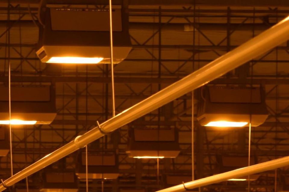 Example of a propagation greenhouse deploying thermal energy screens at night to retrain heat and to be more energy efficient. Also pictured is day extension lighting.