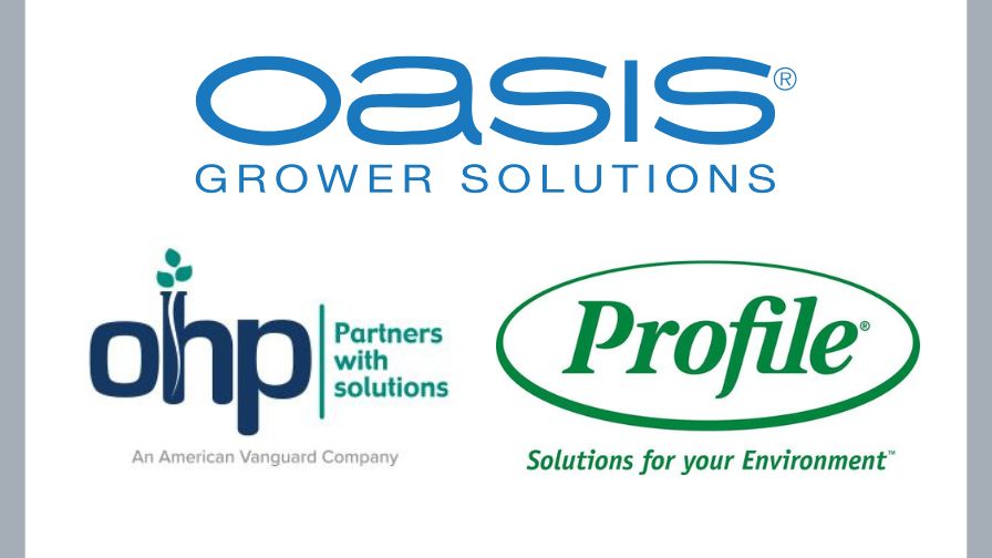 (Clockwise from top) The Oasis Grower Solutions, Profile Products, and OHP company logos.