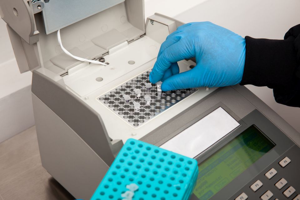 Closeup of a scientist hand while working at the laboratory with a thermal cycler. Polymerase chain reaction technique. 