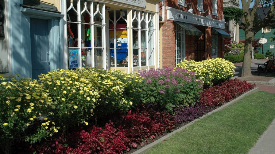 Seasonal plantings add color and visual appeal to a storefront landscape.